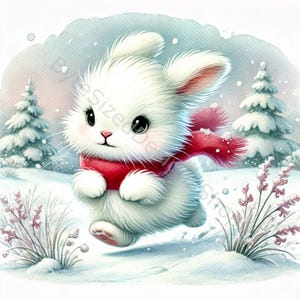 K&ouml;nnte beinhalten: Aquarellillustration eines flauschigen wei&szlig;en Kaninchens mit rotem Schal, das durch eine verschneite Landschaft rennt. Das Kaninchen hat gro&szlig;e, dunkle Augen und rosige Wangen. Schneebedeckte Kiefern und B&uuml;sche befinden sich im Hintergrund, mit einem weichen, winterlichen Himmel.