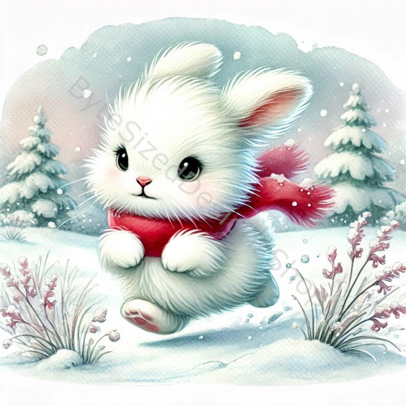 K&ouml;nnte beinhalten: Aquarellillustration eines flauschigen wei&szlig;en Kaninchens mit rotem Schal, das durch eine verschneite Landschaft rennt. Das Kaninchen hat gro&szlig;e, dunkle Augen und rosige Wangen. Schneebedeckte Kiefern und B&uuml;sche befinden sich im Hintergrund, mit einem weichen, winterlichen Himmel.
