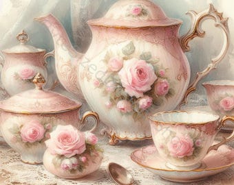Shabby Chic teservis clipart: Viktorianska akvarellrosor (digital nedladdning)
