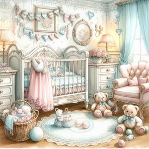 Ensemble de 10 images clipart pour la chambre de bébé shabby chic, aquarelle haute résolution pour la journalisation indésirable, le scrapbooking, la fabrication de cartes, les travaux manuels, le téléchargement numérique