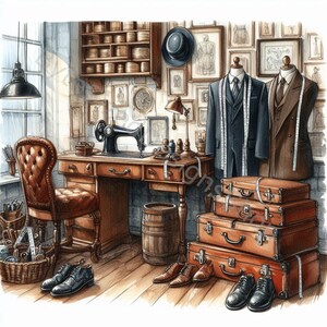 Può includere: L'interno di un negozio di sartoria vintage con una macchina da cucire, una scrivania in legno, una sedia e una collezione di valigie. Le pareti sono decorate con opere d'arte incorniciate e un cappello.