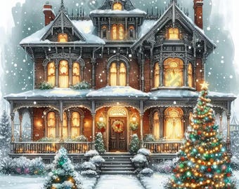 Victorian Christmas House Clip Art 10 High Res Watercolor JPGs for Junk Journaling, Scrapbooking, Card Making, Digital Download