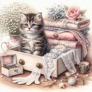 Kitten Cuddles Watercolor Clip Art: High-Res JPGs (Digital Download)