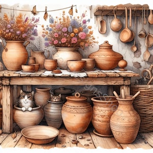 Whimsical Pottery Studio Clip Art Set 10 JPGs aquarela de alta resolução para diário de lixo, scrapbooking, criação de cartões, artesanato, download digital