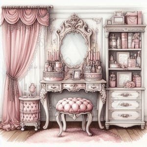 May include: A white vanity set with a large ornate mirror, a pink upholstered stool, and a white dresser with drawers. The vanity has a white top with a pink and white floral design. The mirror has a gold frame and a pink and white floral design. The stool has a pink and white floral design. The dresser has a white top with a pink and white floral design. The drawers are white with gold handles. The vanity set is in a room with white walls and a pink curtain.