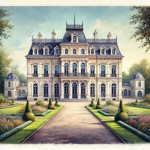 Napoleonic Mansion Watercolor Clipart: High-Res JPGs (Digital Download)