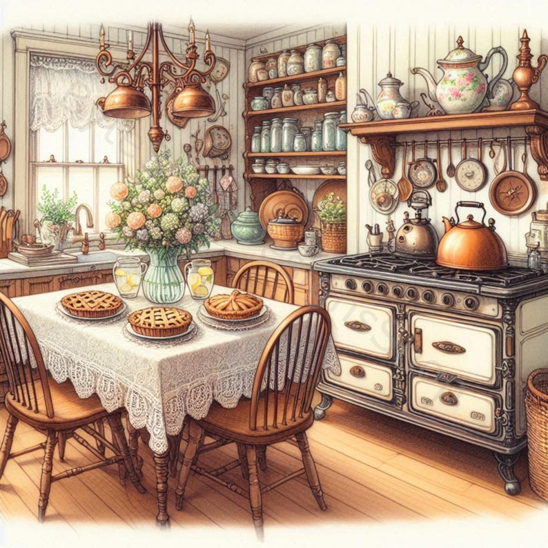 vintage floral kitchen scene clipart set graphic by... Victorian Kitchen Clip Art: High-res Watercolor Jpgs (digital Download ...