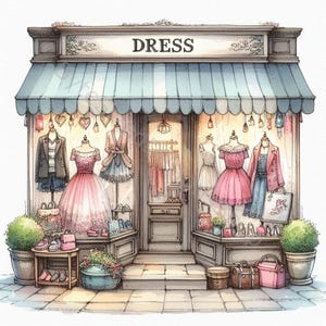 Dress Shop Clip Art Set 10 High Res Watercolor JPGs for Junk Journaling, Scrapbooking, Card Making, Crafts, Digital Download