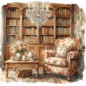 Ensemble de 10 images clipart de bibliothèque du manoir intemporelle haute résolution aquarelle JPG pour la journalisation indésirable, le scrapbooking, la fabrication de cartes, les travaux manuels, le téléchargement numérique