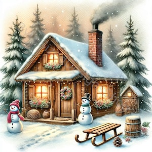 Grillige winterretraite-illustraties set 10 high-res aquarel jpg's voor ongewenste journaling, scrapbooking, kaarten maken, ambachten, digitale download