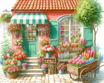 May include: A watercolor illustration of a charming flower shop. The shop features a red tile roof, green shutters, and a striped awning. Abundant flowers in baskets, pots, and a wooden cart create a vibrant and inviting scene. The shop's facade is painted in a warm coral color.