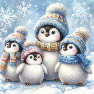 K&ouml;nnte beinhalten: Illustration von vier entz&uuml;ckenden Pinguinen in einer Schneelandschaft. Jeder Pinguin tr&auml;gt eine Strickm&uuml;tze und einen Schal in Blau-, Rosa- und Gelbt&ouml;nen. Die Pinguine haben rosige Wangen und sind von Schneeflocken umgeben, was ein Winterthema erzeugt.