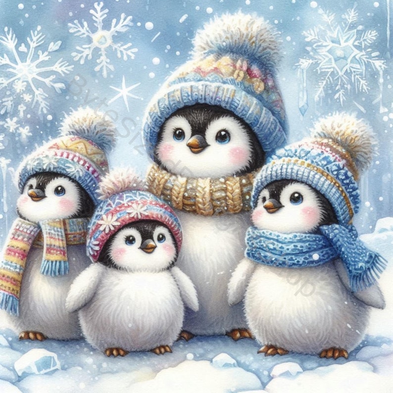 K&ouml;nnte beinhalten: Illustration von vier entz&uuml;ckenden Pinguinen in einer Schneelandschaft. Jeder Pinguin tr&auml;gt eine Strickm&uuml;tze und einen Schal in Blau-, Rosa- und Gelbt&ouml;nen. Die Pinguine haben rosige Wangen und sind von Schneeflocken umgeben, was ein Winterthema erzeugt.