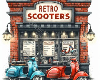 Motorcycle Shop Watercolor Clip Art: Retro Scooter Designs (Digital Download)