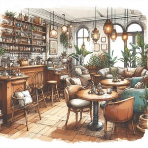 Conjunto de 10 imágenes prediseñadas de cafetería vintage en acuarela de alta resolución para diarios basura, álbumes de recortes, creación de tarjetas, manualidades, descarga digital y fantasía.