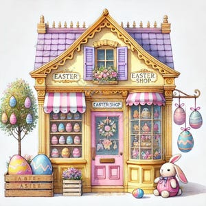 Conjunto de 10 imágenes prediseñadas de tienda de Pascua en acuarela de alta resolución para diarios basura, álbumes de recortes, fabricación de tarjetas, manualidades y descargas digitales