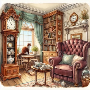 May include: A cozy living room with a large grandfather clock, a bookshelf filled with books, a plush armchair, and a cat sitting on a windowsill. The room is decorated in a traditional style with warm colors and antique furniture.