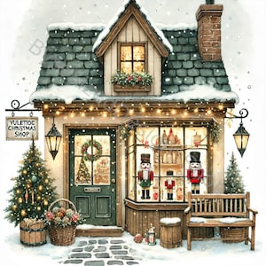 Ensemble de 10 images clipart de la boutique de Noël haute résolution JPG aquarelles pour journalisation indésirable, scrapbooking, fabrication de cartes, travaux manuels, téléchargement numérique, fantaisie