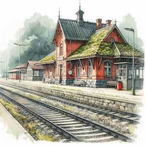 Old Train Station Clip Art Set 10 High Res Watercolor JPGs for Junk Journaling, Scrapbooking, Card Making, Crafts, Digital Download