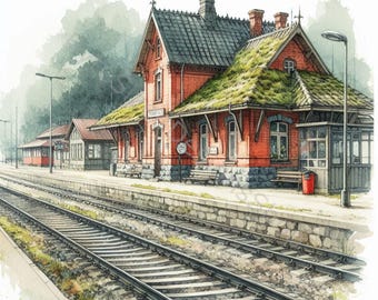 Watercolor Train Station Clip Art: High-Res JPGs (Digital Download)