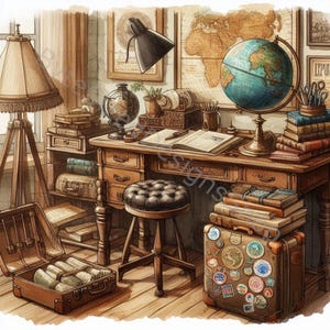Conjunto de clipart vintage para sala de viagem com 10 JPGs em aquarela de alta resolução para diário, scrapbooking, criação de cartões, artesanato e download digital