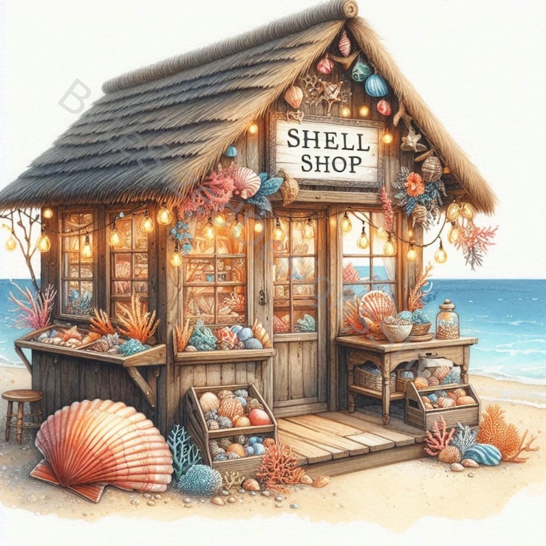 Shell Shop Clip Art Set 10 High Res Watercolor Jpgs for Junk Journaling ...