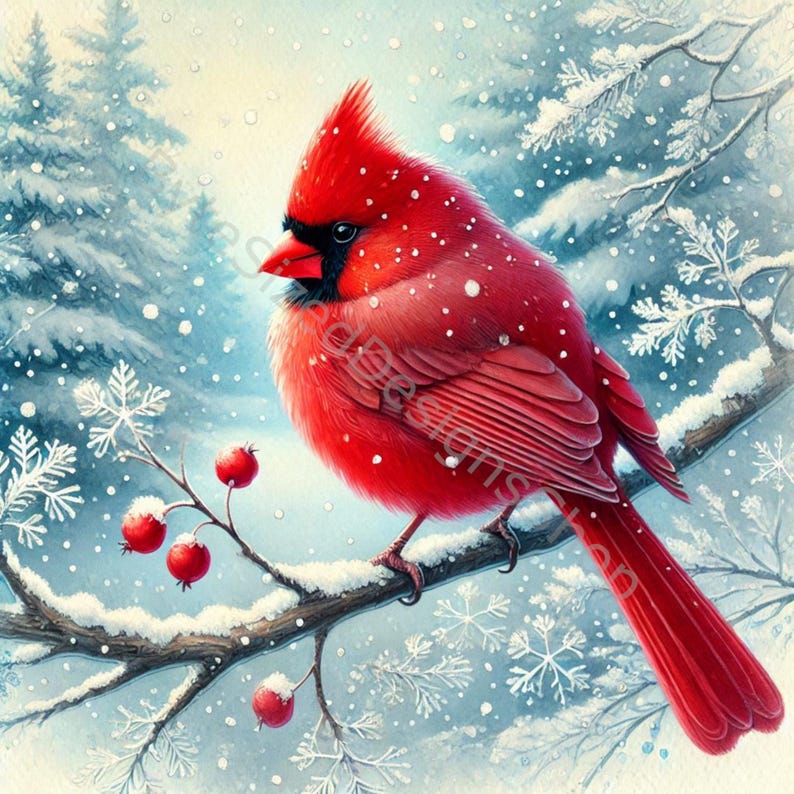 K&ouml;nnte beinhalten: Ein lebendiges Aquarellgem&auml;lde eines roten Kardinals, der auf einem schneebedeckten Ast mit roten Beeren sitzt. Der Vogel hat schwarze Akzente und ist vor einem verschneiten Winterwaldhintergrund mit fallenden Schneeflocken dargestellt.
