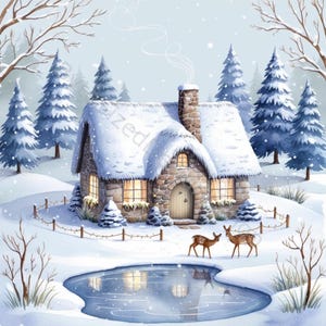 Snowy Horizons-illustraties set 10 high-res aquarel jpg's voor ongewenste journaling, scrapbooking, kaarten maken, ambachten, digitale download, fantasie