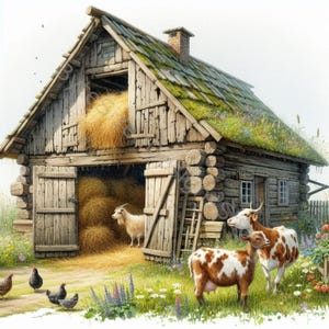 Peut inclure: Une grange en bois rustique avec un toit en herbe, des balles de foin à l'intérieur et une chèvre et deux vaches à l'extérieur. La grange a une échelle et une porte en bois. Les animaux sont bruns et blancs.
