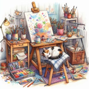 Ensemble de 10 cliparts lunatiques pour l'espace de travail de l'artiste, aquarelle JPG haute résolution pour la création d'un journal indésirable, le scrapbooking, la fabrication de cartes et l'artisanat