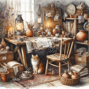 Rustic Art Studio Clip Art Set 10 high-res aquarel jpg's voor junkjournaling, scrapbooking, kaarten maken, digitale download, fantasie