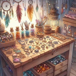 Boho Jewelry Workshop Clip Art Set 10 JPGs aquarela de alta resolução para diário de lixo, scrapbooking, criação de cartões, artesanato, download digital