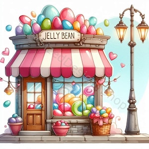 May include: A cartoon illustration of a sweet shop with a pink and white striped awning. The shop is called "Jelly Bean" and is filled with colourful jelly beans. There is a street lamp with two lights and a basket of jelly beans in front of the shop.