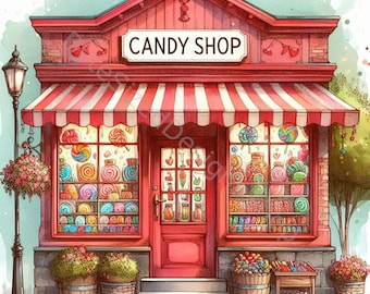 May include: A red brick building with a striped awning and a sign that reads "CANDY SHOP". The windows are filled with colourful candies, lollipops, and jars of sweets. There are flower pots and a wooden stand with more candy in front of the shop.