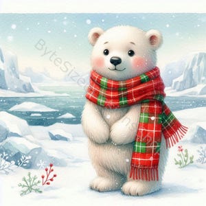 K&ouml;nnte beinhalten: Aquarellillustration eines Eisb&auml;ren mit einem rot-gr&uuml;nen Schottenkaro-Schal. Der B&auml;r steht in einer verschneiten Landschaft mit Eisbergen und Schneeflocken. Der B&auml;r hat einen freundlichen Ausdruck und rosige Wangen, was eine festliche Winterszene schafft.
