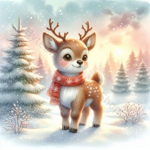 K&ouml;nnte beinhalten: Eine Illustration eines Rehs in einer verschneiten Winterlandschaft. Das Reh hat braunes Fell, ein Geweih und einen roten Schal mit wei&szlig;en Schneeflockenmustern. Der Hintergrund zeigt schneebedeckte B&auml;ume und einen pastellfarbenen Himmel.