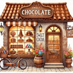 Set di Clip Art del negozio di cioccolato 10 JPG ad alta risoluzione ad acquerello per il diario di spazzatura, scrapbooking, creazione di biglietti, artigianato, download digitale, fantasy