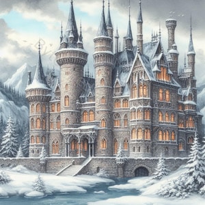 Winter Castle Watercolor Clip Art Set: High-Res JPGs (Digital Download)