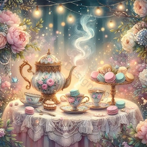 Può includere: Un set da tè vintage con un design floreale e dettagli dorati. Il set da tè è su una tovaglia di pizzo bianco con un piatto di macarons. La scena è ambientata in una foresta incantata con luci fatate.