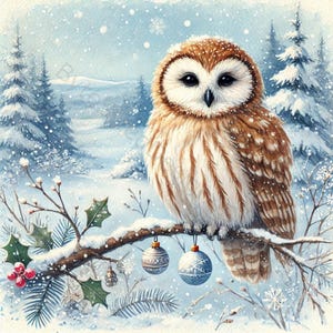 K&ouml;nnte beinhalten: Aquarellmalerei einer braun-wei&szlig;en Eule, die auf einem schneebedeckten Ast mit Weihnachtsschmuck sitzt. Der Hintergrund zeigt eine verschneite Waldszene mit Tannen und fallenden Schneeflocken. Ein festliches Winterthema.