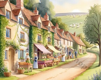 Ensemble de cliparts aquarelle village : illustrations enchanteresses de Cottagecore (téléchargement numérique)