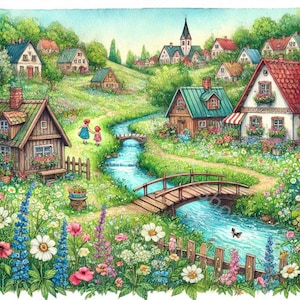 Conjunto de 10 imágenes prediseñadas de Serene Village Escapes: acuarelas en alta resolución en formato JPG para diarios basura, álbumes de recortes, fabricación de tarjetas, manualidades y descargas digitales