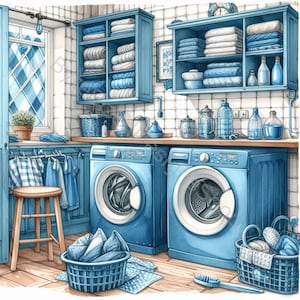 Blue Laundry Room Clip Art Set 10 High Res Watercolor JPGs for Junk Journaling, Scrapbooking, Card Making, Crafts, Digital Download