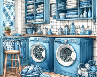 Blue Laundry Room Watercolor Clip Art: Scrapbooking, Card Making (Digital Download)