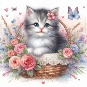 Ensemble de 10 images clipart chaton shabby chic aquarelle haute résolution pour publipostage, scrapbooking, fabrication de cartes, travaux manuels, téléchargement numérique