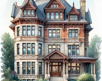 Edwardian House Watercolor Clip Art: High-Res JPGs (Digital Download)