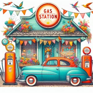 Conjunto de clipart de posto de gasolina retrô com 10 JPGs de aquarela de alta resolução para diário de lixo, scrapbooking, criação de cartões, artesanato, download digital