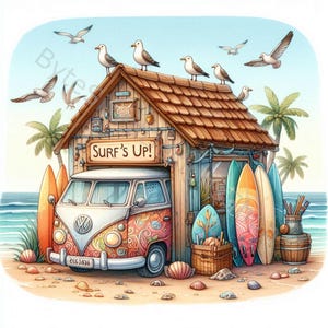 Surf Shop Clip Art, lot de 10 fichiers JPG aquarelle haute résolution pour journal indésirable, scrapbooking, fabrication de cartes, travaux manuels, téléchargement numérique
