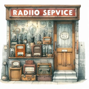 May include: A vintage shop front with a red sign that reads "RADIO SEPVICE". The window is filled with old radios and vacuum tubes. The door has a sign that reads "TRISDE R13".