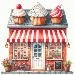 Cupcake Shop Clip Art Set 10 JPG ad alta risoluzione ad acquerello per Junk Journaling, Scrapbooking, Card Making, Artigianato, Download digitale